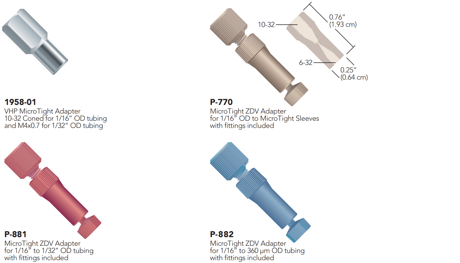 IDEX MicroTight® adapters 1958-01, P-770, P881, P-882