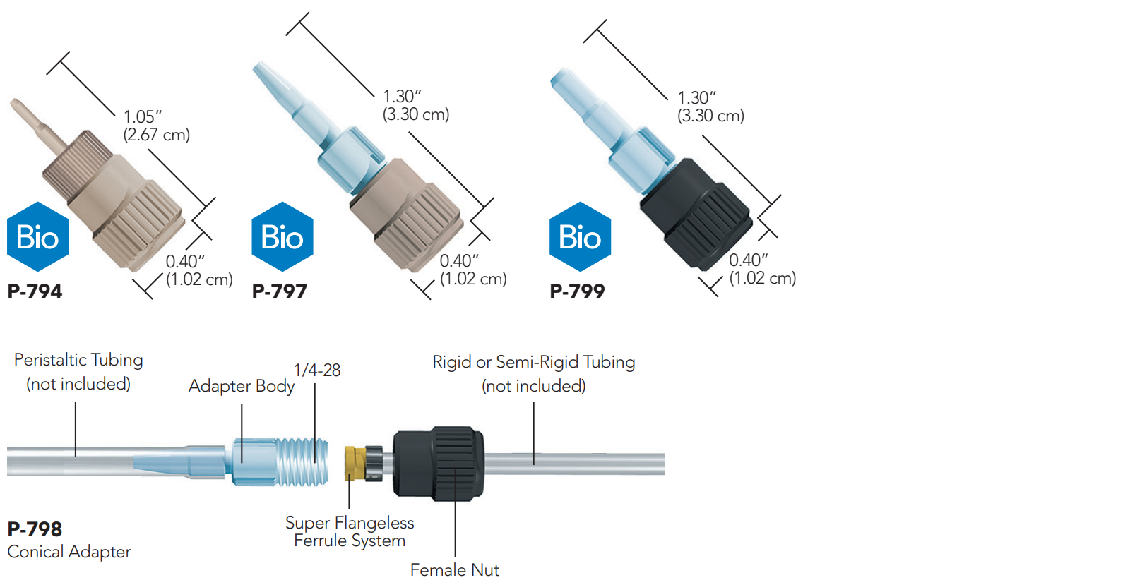 IDEX conical barbed adapters P-794, P-797, P-799, P-798