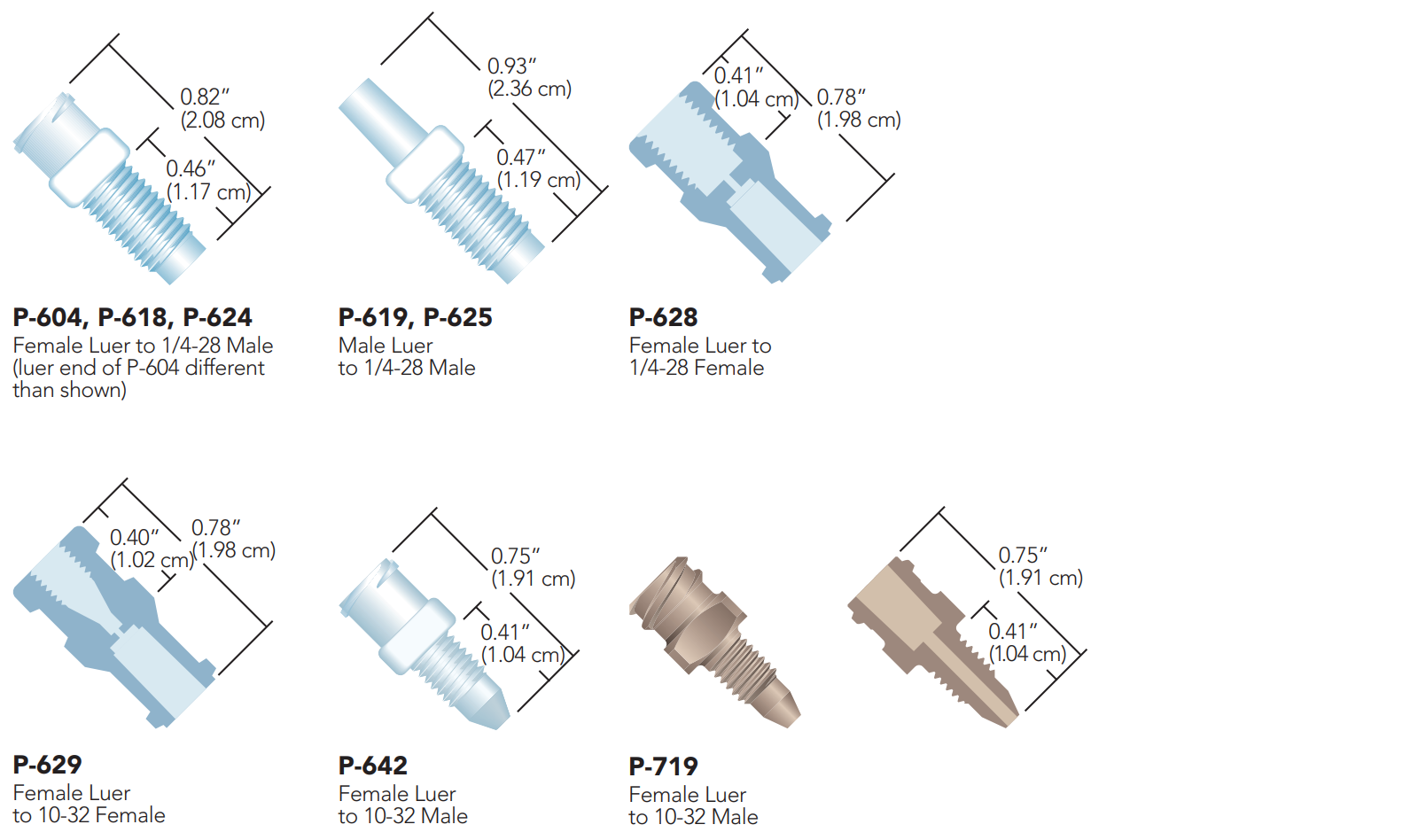 IDEX Quick Connect Luer adapters P-604, P-618, P624, P619, P-625, P-628, P-629, P-642, P-719