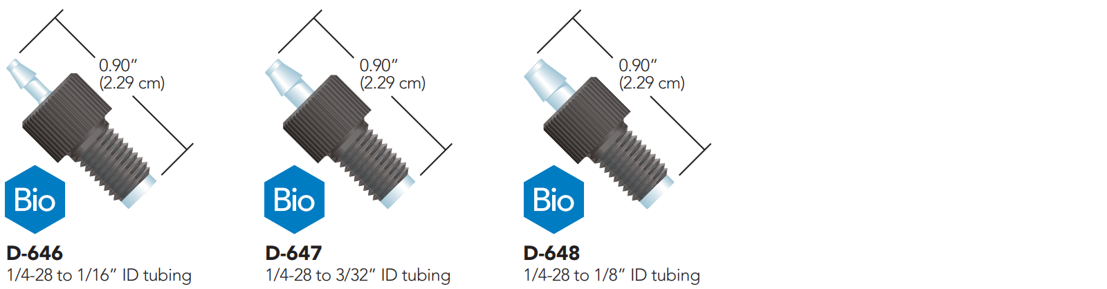 IDEX Swivel barb adapters D-646, D-647, D-648