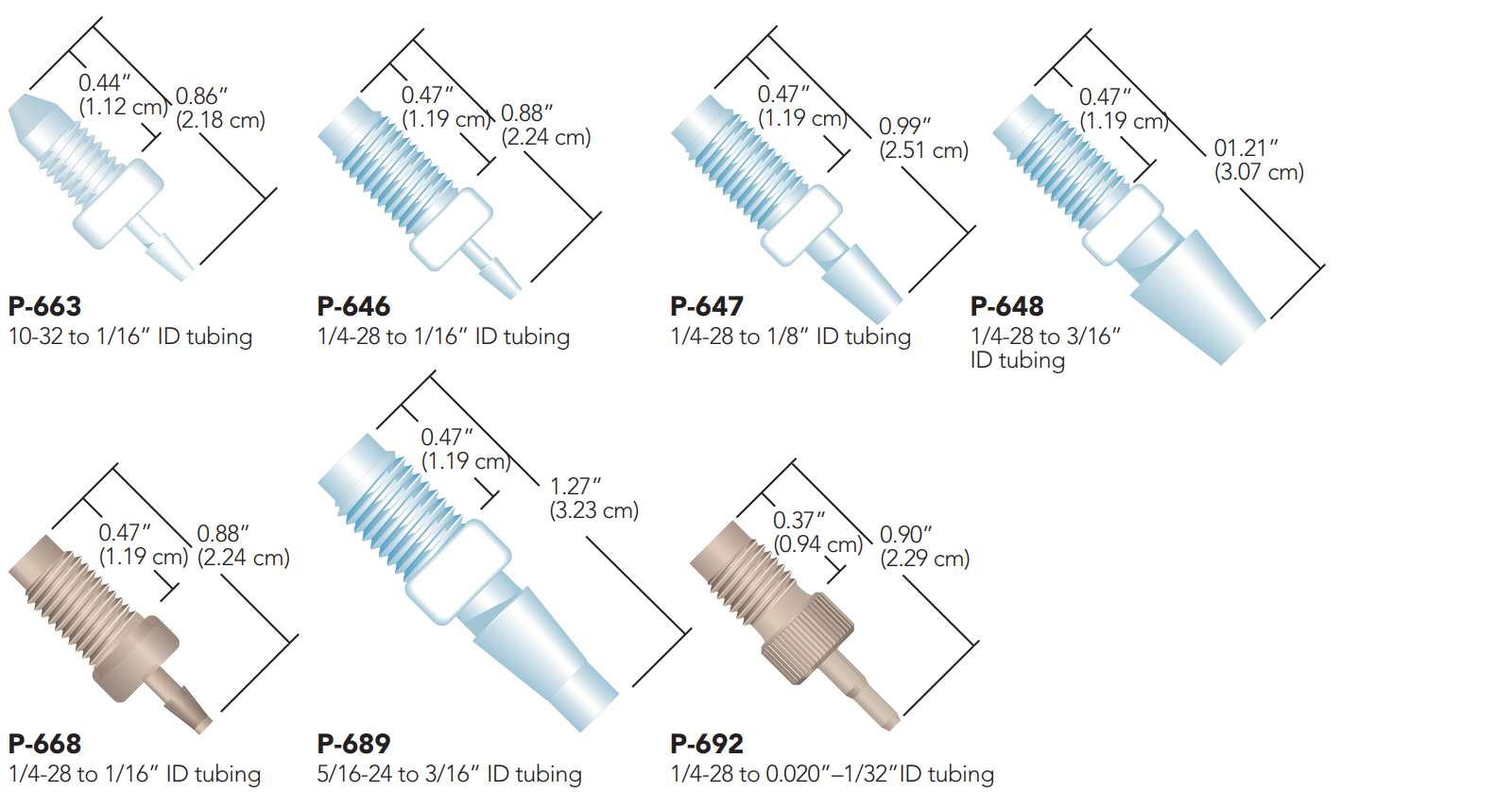 IDEX thread to barbed adapters P-663, P-646, P-647, P-648, P-668, P-689, P-692