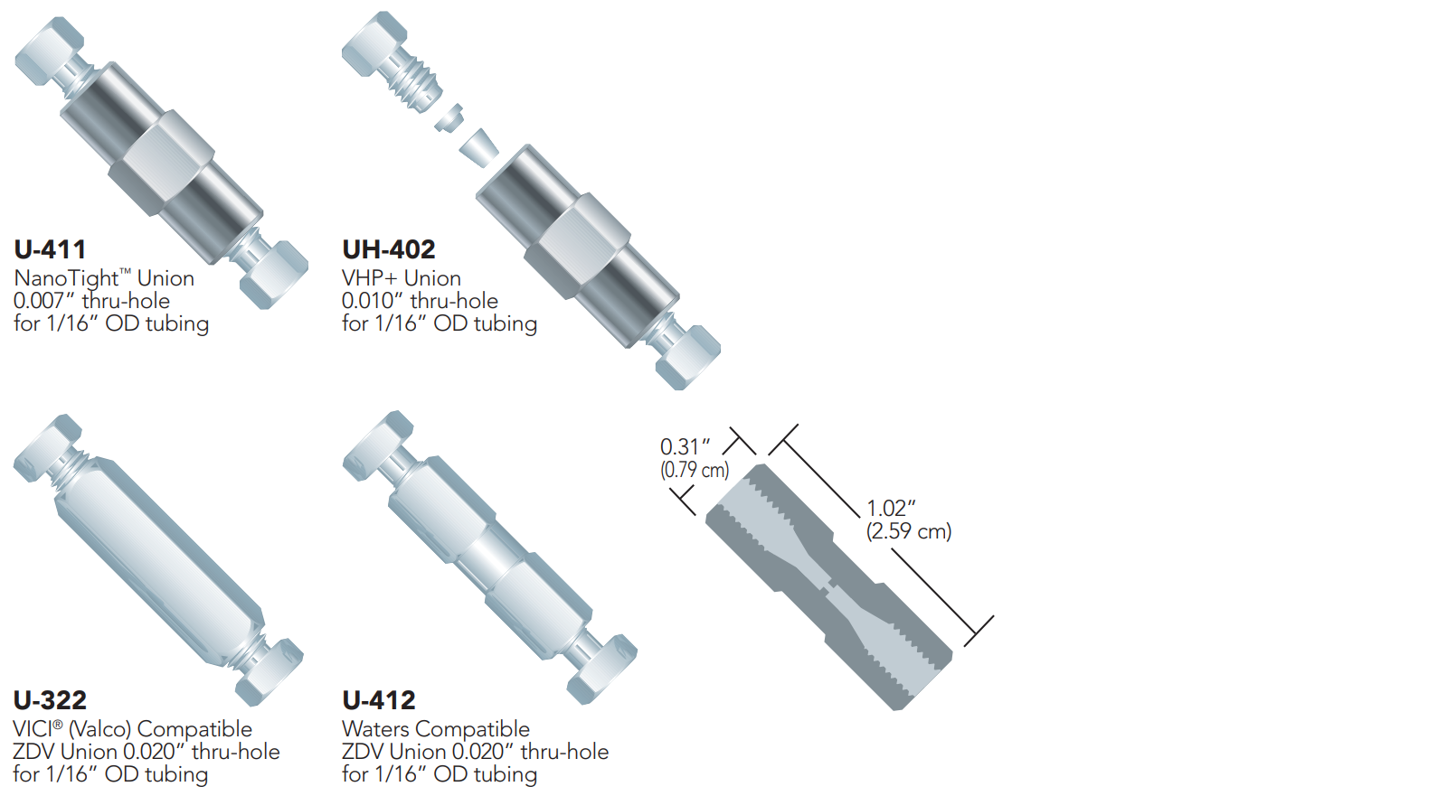 IDEX Stainless-Steel ZDV Unions UH-402, U-411, U-322, U-412